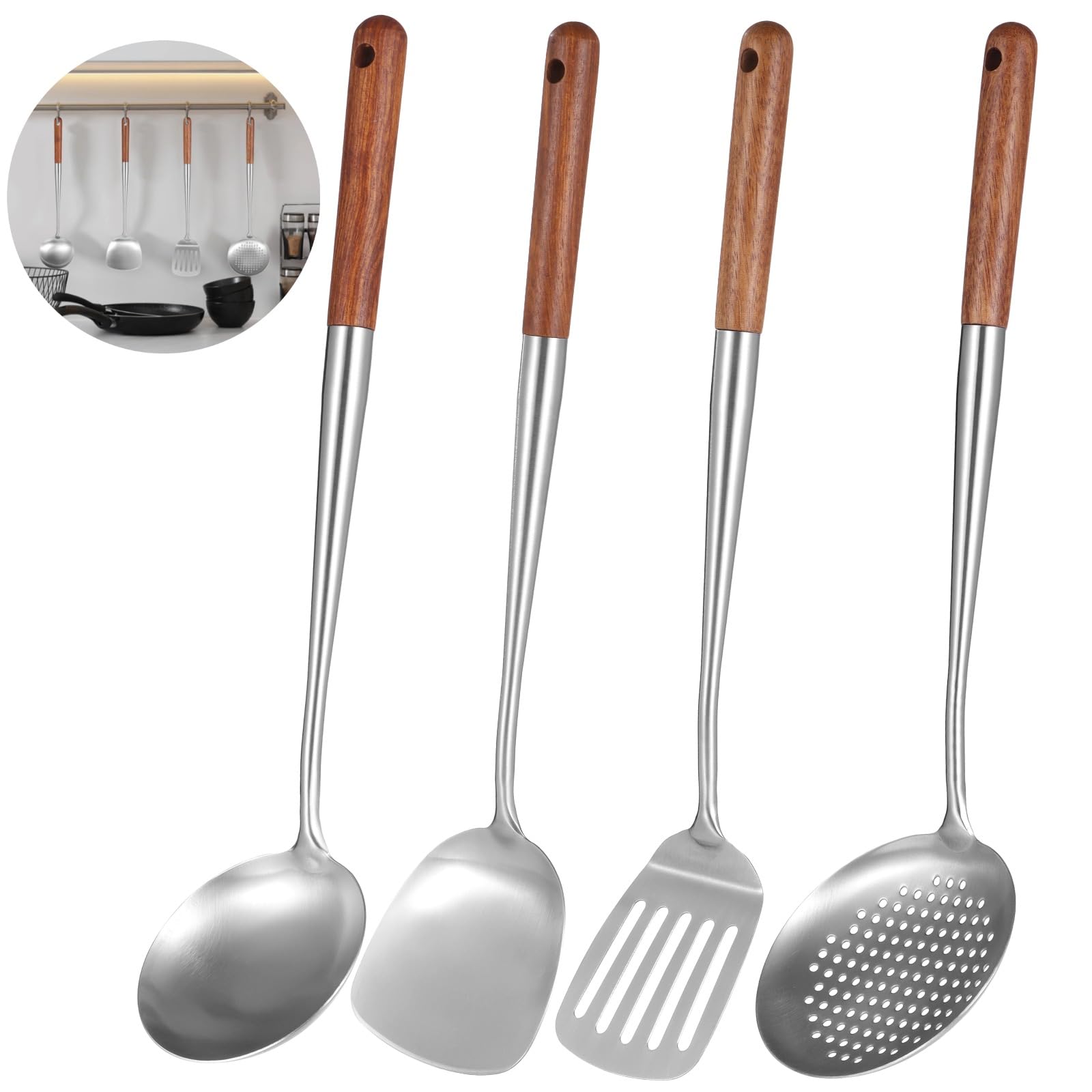 Set de 4 ustensiles pour wok en acier inoxydable, spatule, louche, écumoire et spatule ajourée, poignées en bois isolantes, pour cuisson au wok, faciles à nettoyer
