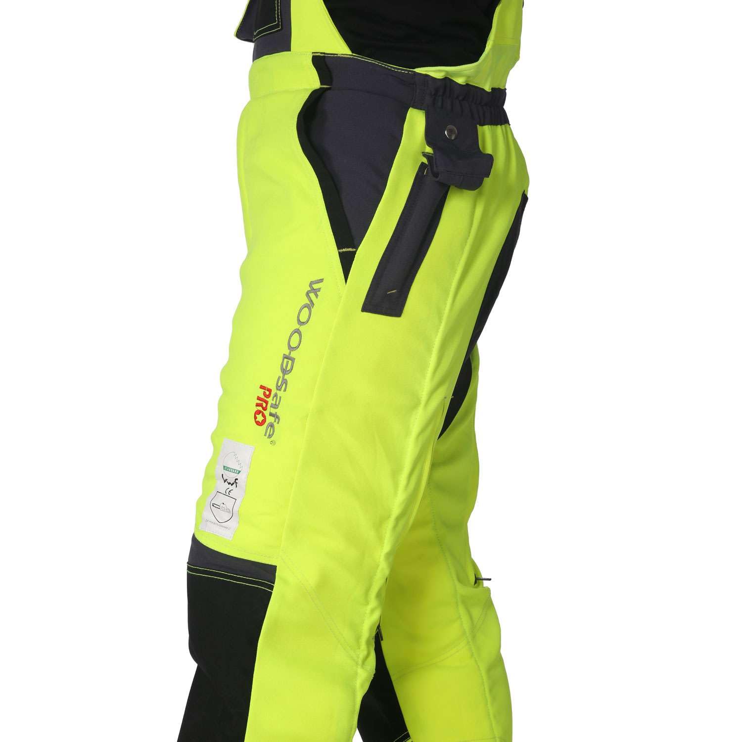 Schnittschutzhose Klasse 2, kwf-geprüfte Forsthose, Latzhose gelb/grau, Herren - Waldarbeiterhose (50)