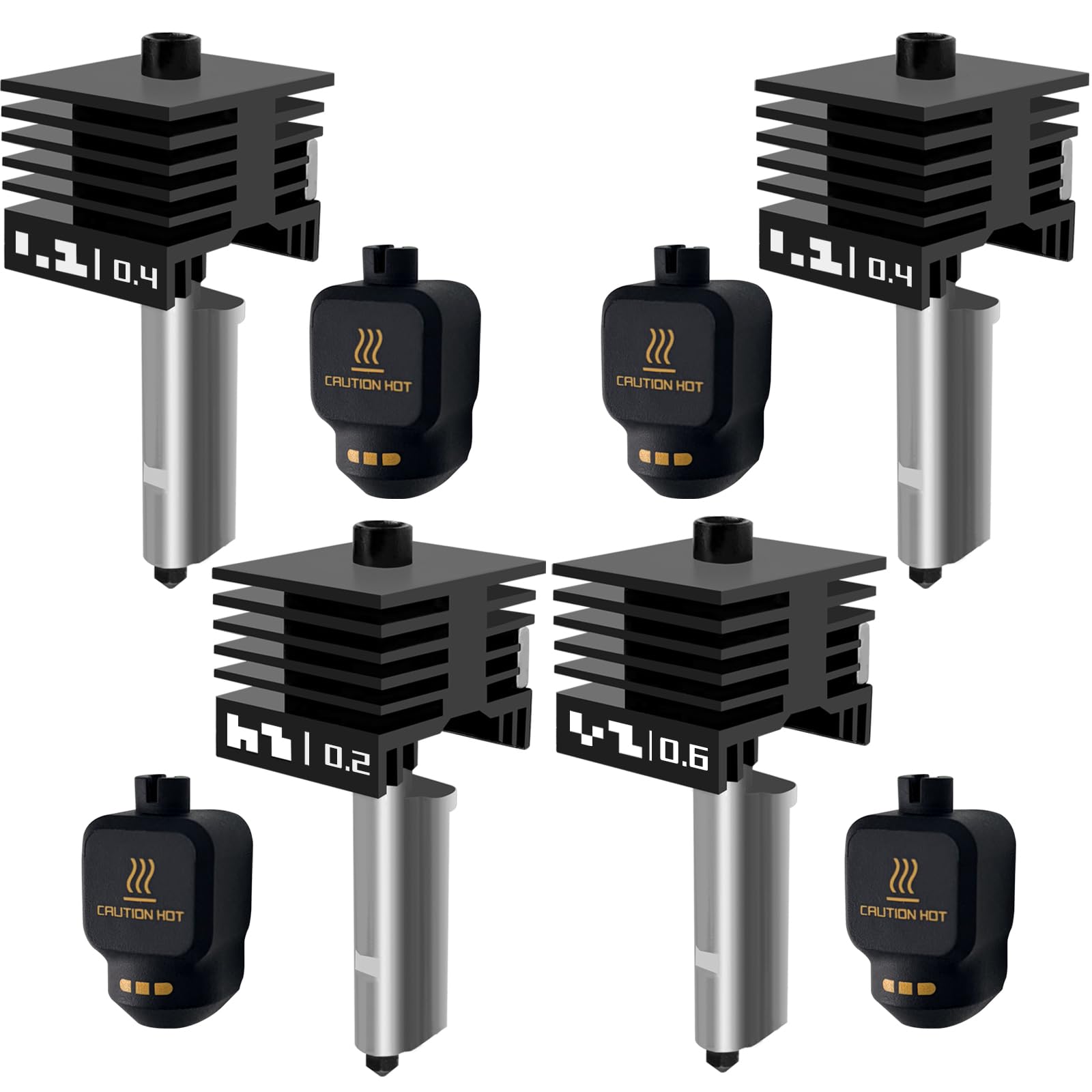 4 Stück Hot End Set für Bambu P2S/H2D/H2S/X2D/H2C/A1/A1 Mini mit 2 Stück 0.4mm und 1 Stück 0.2mm/0.6mm Abnehmbare gehärtete Stahldüse HotEnd Extruder Druckkopf für Bambu Lab 3D-Drucker Zubehör
