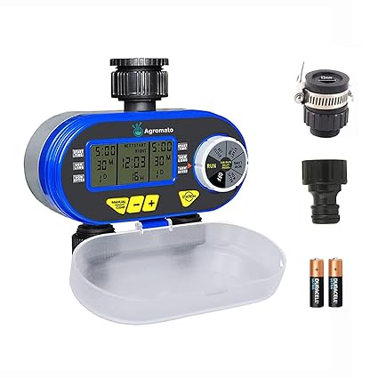 Agromato Two Outlet Solenoid Valve Automatic Garden Drip Irrigation Water Timer with LCD | Two Outlet Zones | Flexible Programming | Universal Tap Adapter | Batteries Included