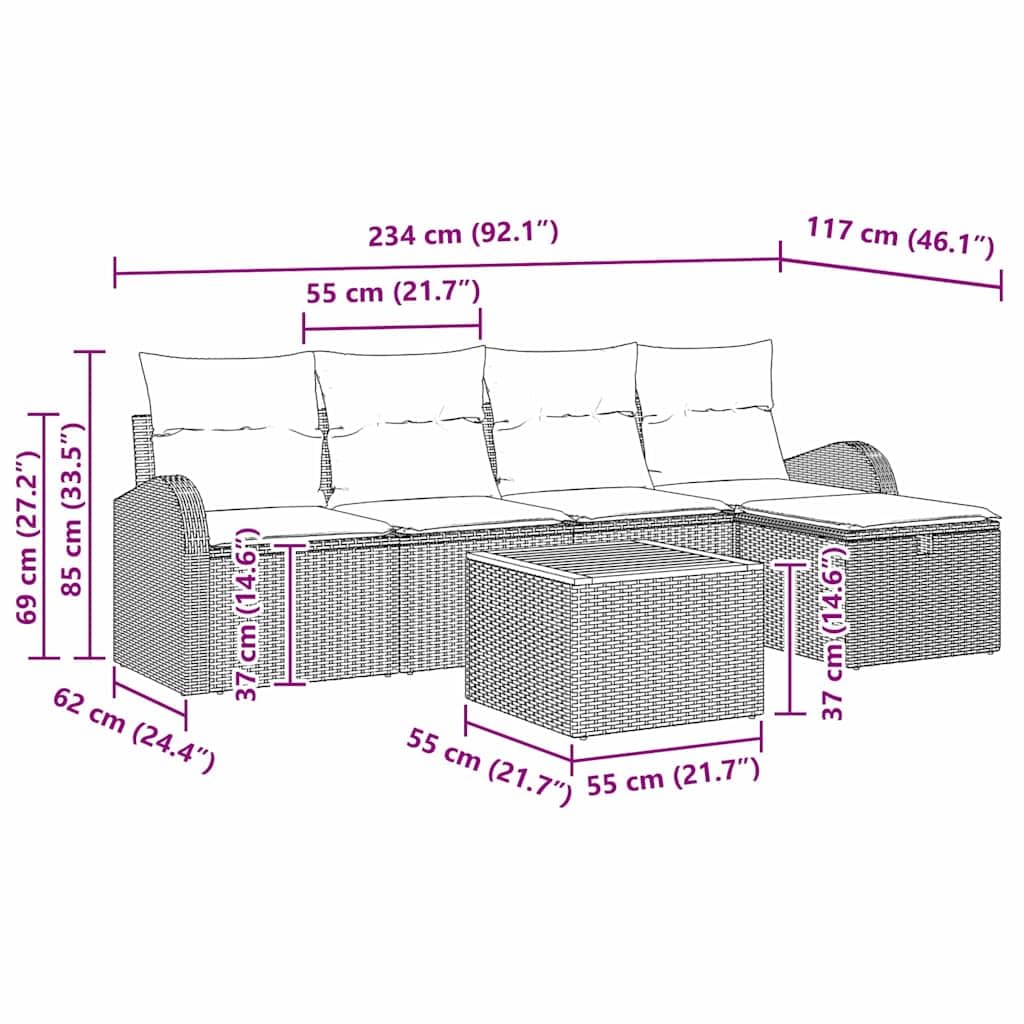 vidaXL Zestaw Sof na Ogród z poduszką 6 pcs Szary Polirattan, Zestaw Sof Sofów, Modułowa Budowa, Wytrzymałe Materiały, Lekkie, Odporne na UV, Idealne do Ogrodu i Tarasu