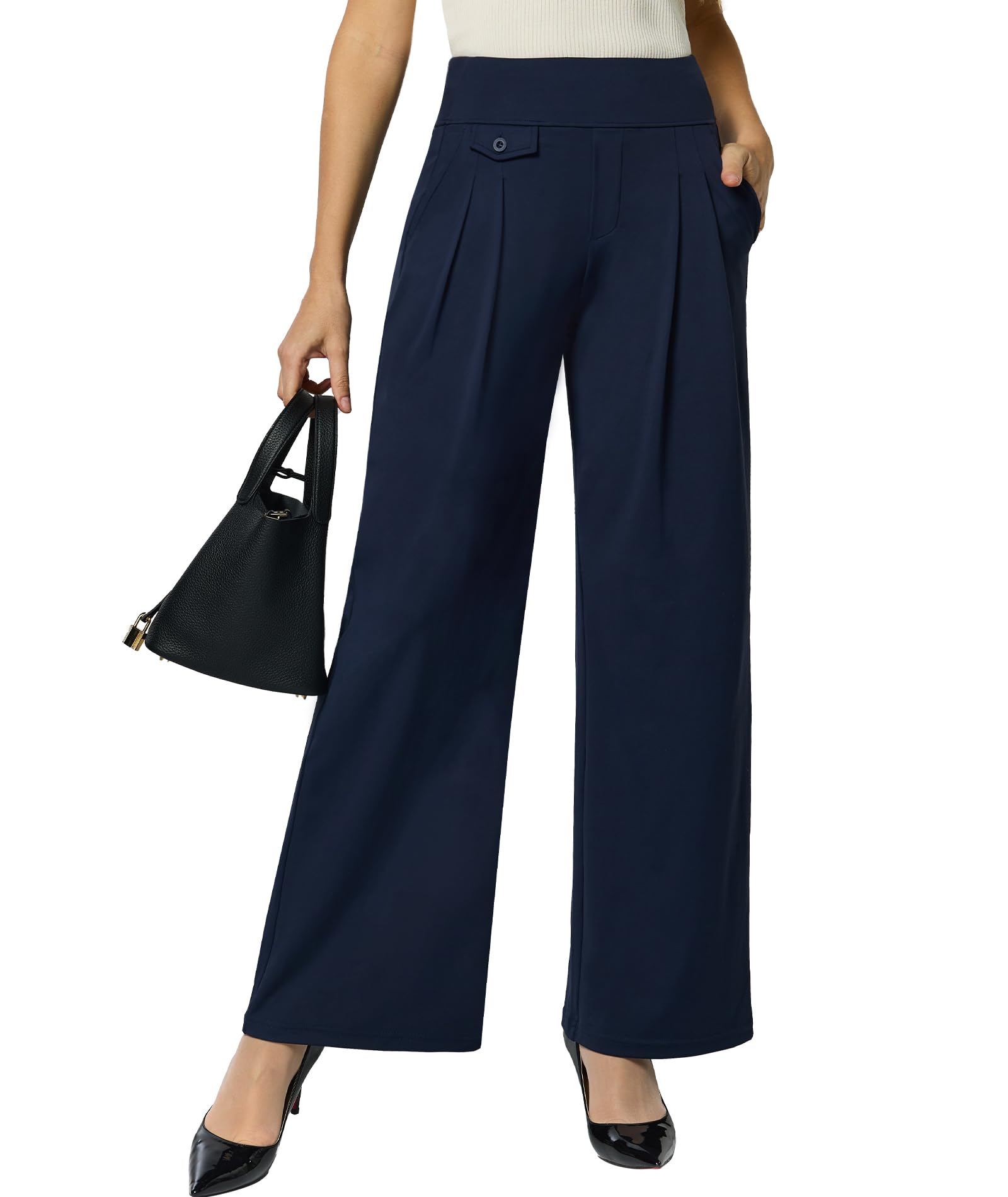 Hispotim Womens Wide Leg Pants Pull On High Waist Stretch Dress Business Casual Yoga Work Pants with 5 Pockets