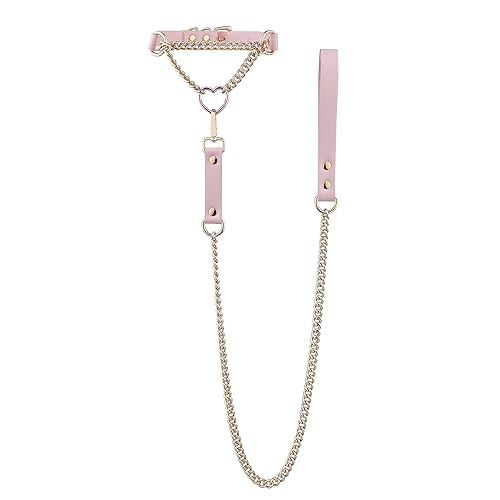 ADEMISHIA Heart O-ring Leather Choker Necklace For Women, Punk Gothic Black/Pink Slip Chain Necklace with Vegan Leather Swivel Clasp - Pink&Gld