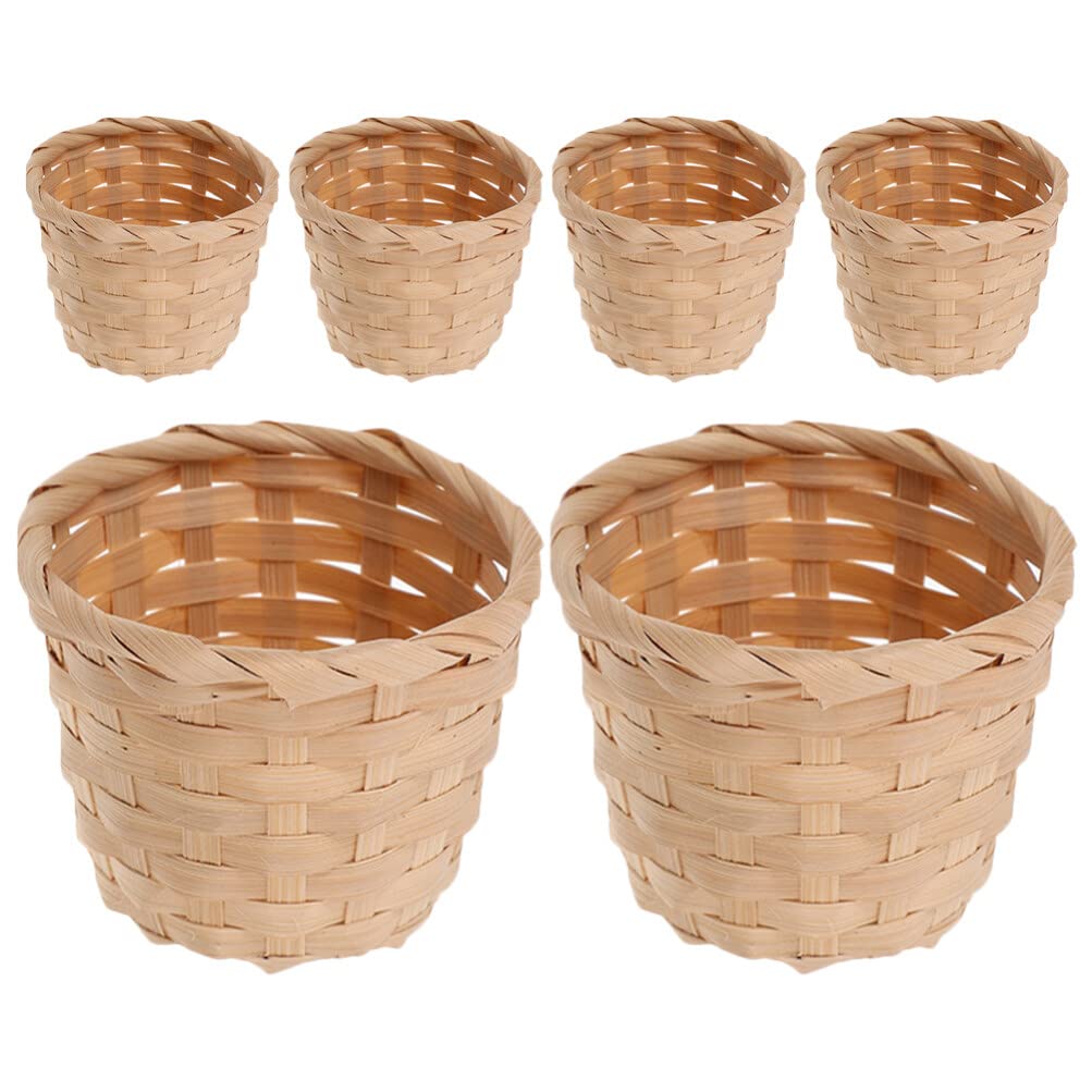 BESTonZON 6pcs Mini Woven Basket Miniature Flower Basket Dollhouse Picnic Basket Tiny Party Favor Container Woodchip Basket with Handles Empty Wood Wicker Baskets L
