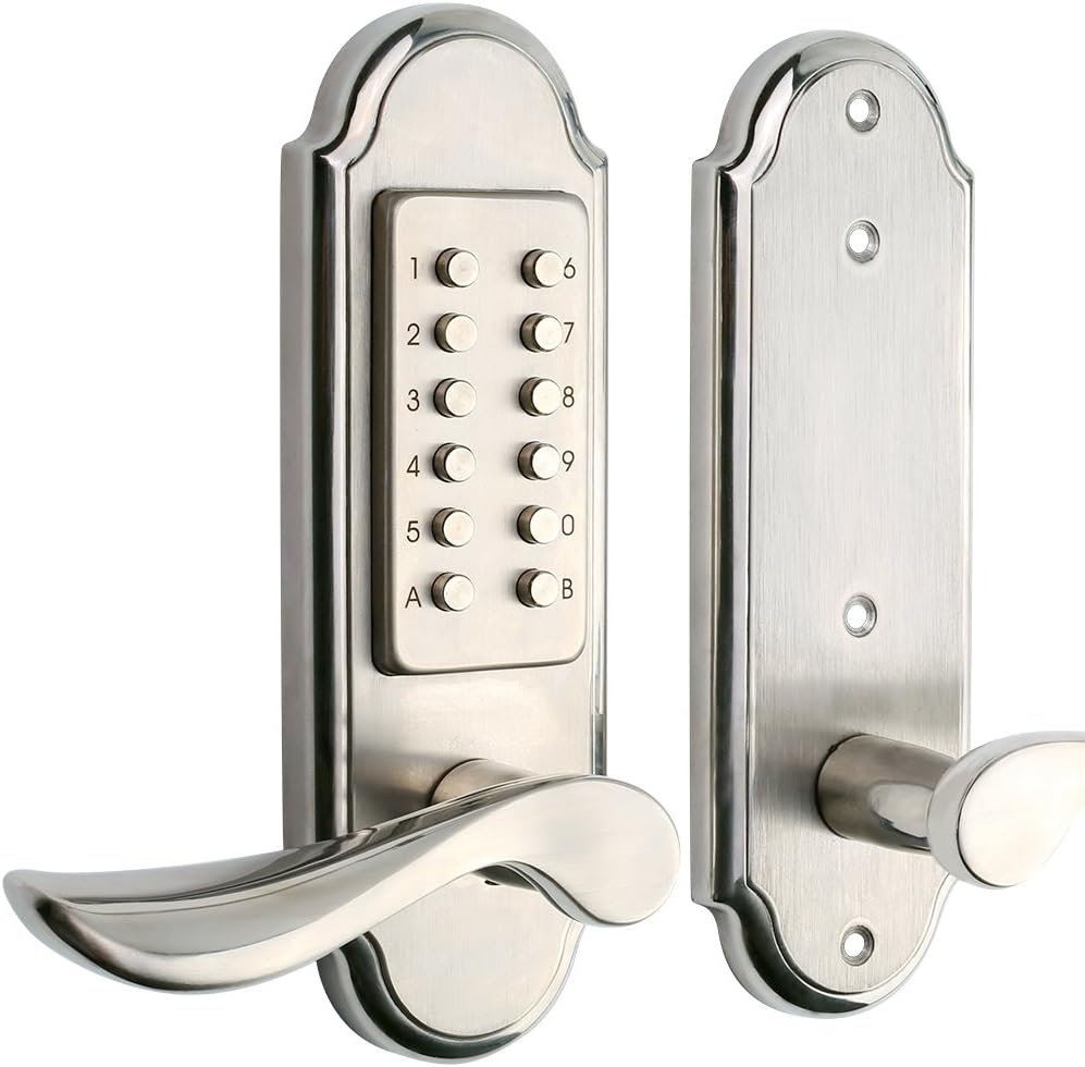 Keyless Door Lock (Left Handed) Keypad Entry Mechanical Door Level Lock(NOT Deadbolt,Only for Single Borehole Door, Borehole Smaller Than Dia.2-1/8”,Need Drill Additional 4 Holes) New