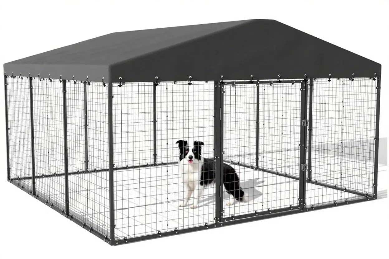 10x10x6 FT Large Outdoor Dog Kennel with Roof,Heavy Duty Dog Cage with Double Secure Locks,Anti-Rust Galvanized Steel Dog Fence Pen with Water Resistant Roof Cover
