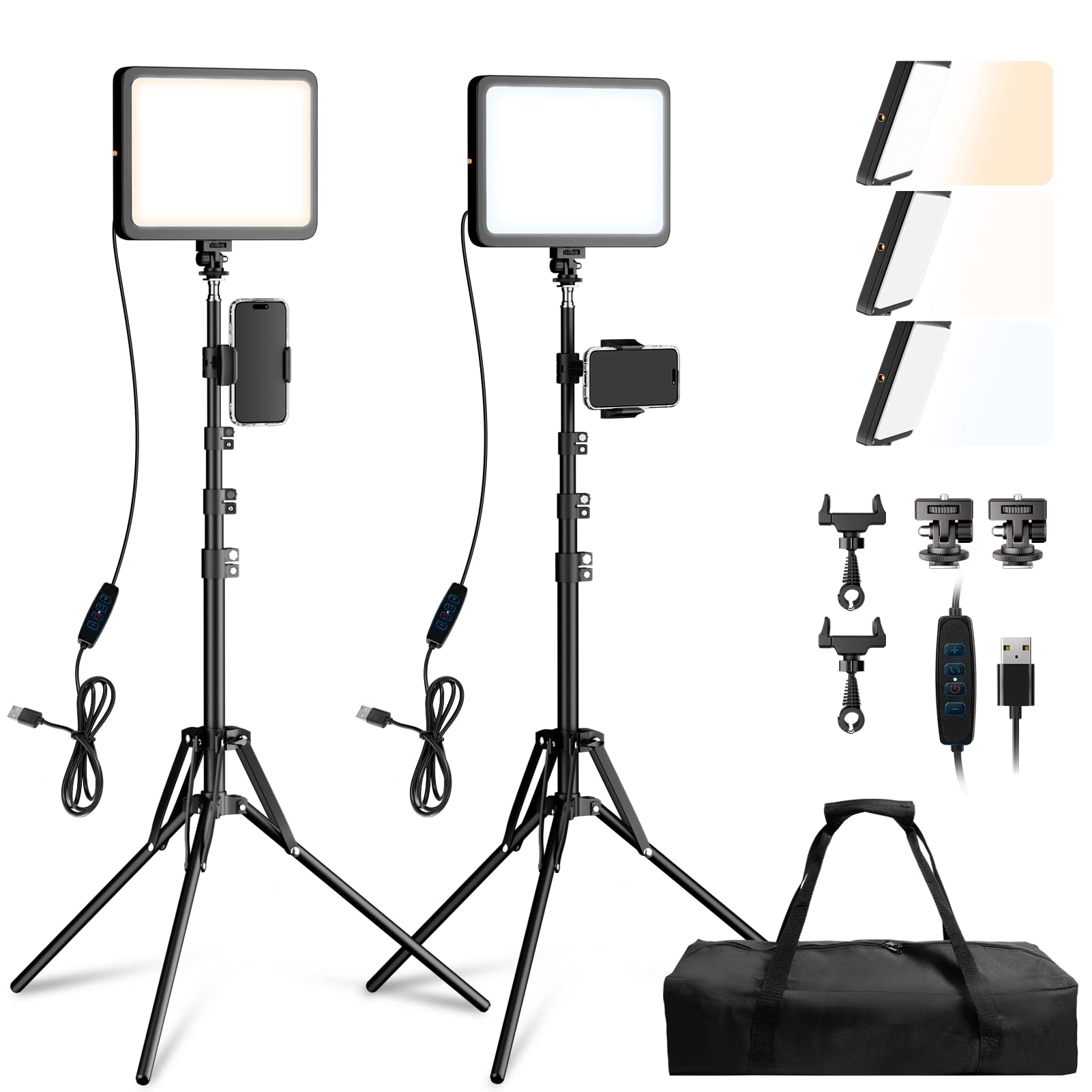 Kit de luz de video LED, iluminación de estudio regulable de 2800-7000 K con soporte de trípode y soporte para teléfono, altura ajustable de 73 pulgadas para grabación de video, transmisión