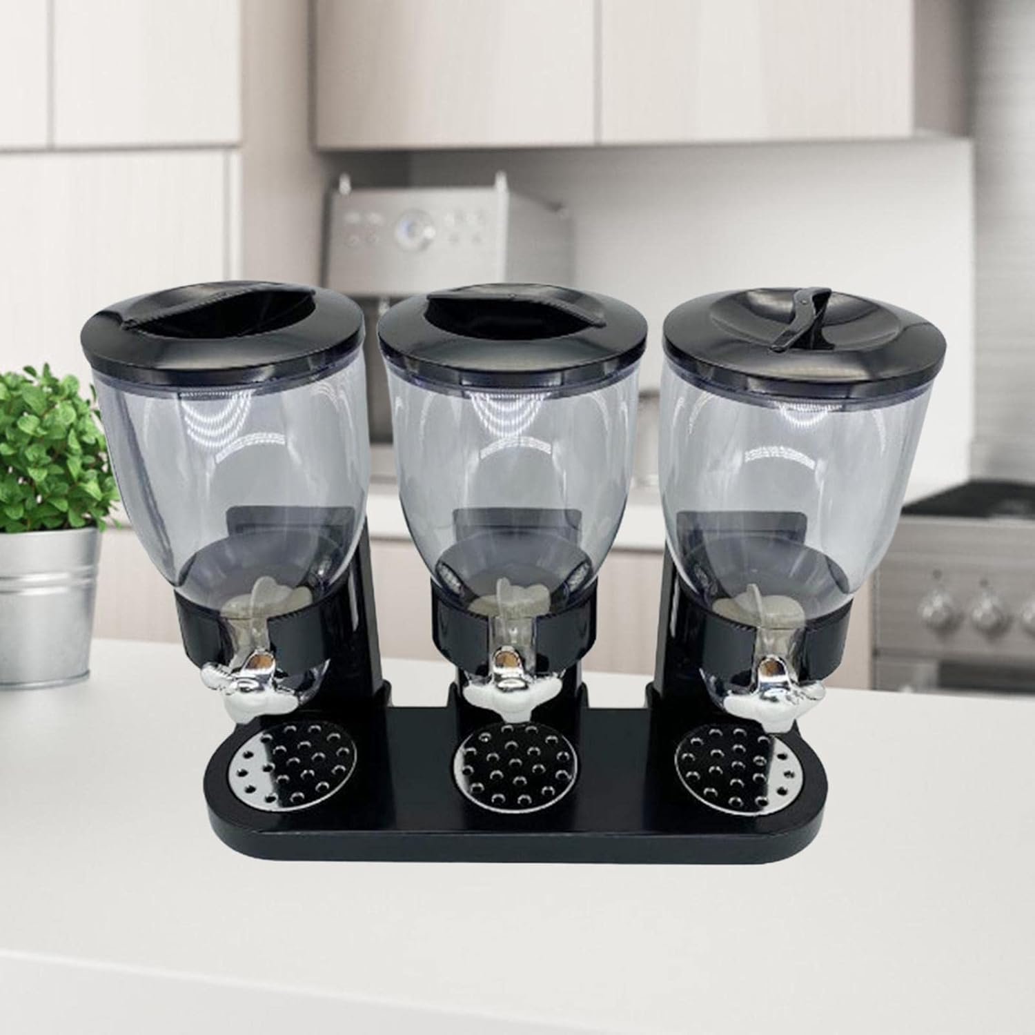 Triple Canister Cereal Dispenser Machine - Keep Your Kitchen Organized & Snacks Fresh - Premium Quality Candy Dispenser, Clear Display Bottles for Colorful - Black