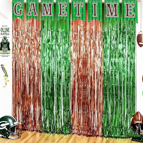 Football Party Decorations for Super Game Bowl 2026 - Green Brown Tinsel Streamers Backdrop Banner | Football Party Favors Supplies Indoor Outdoor - Game Day Birthday Party Accessories for Wall Door
