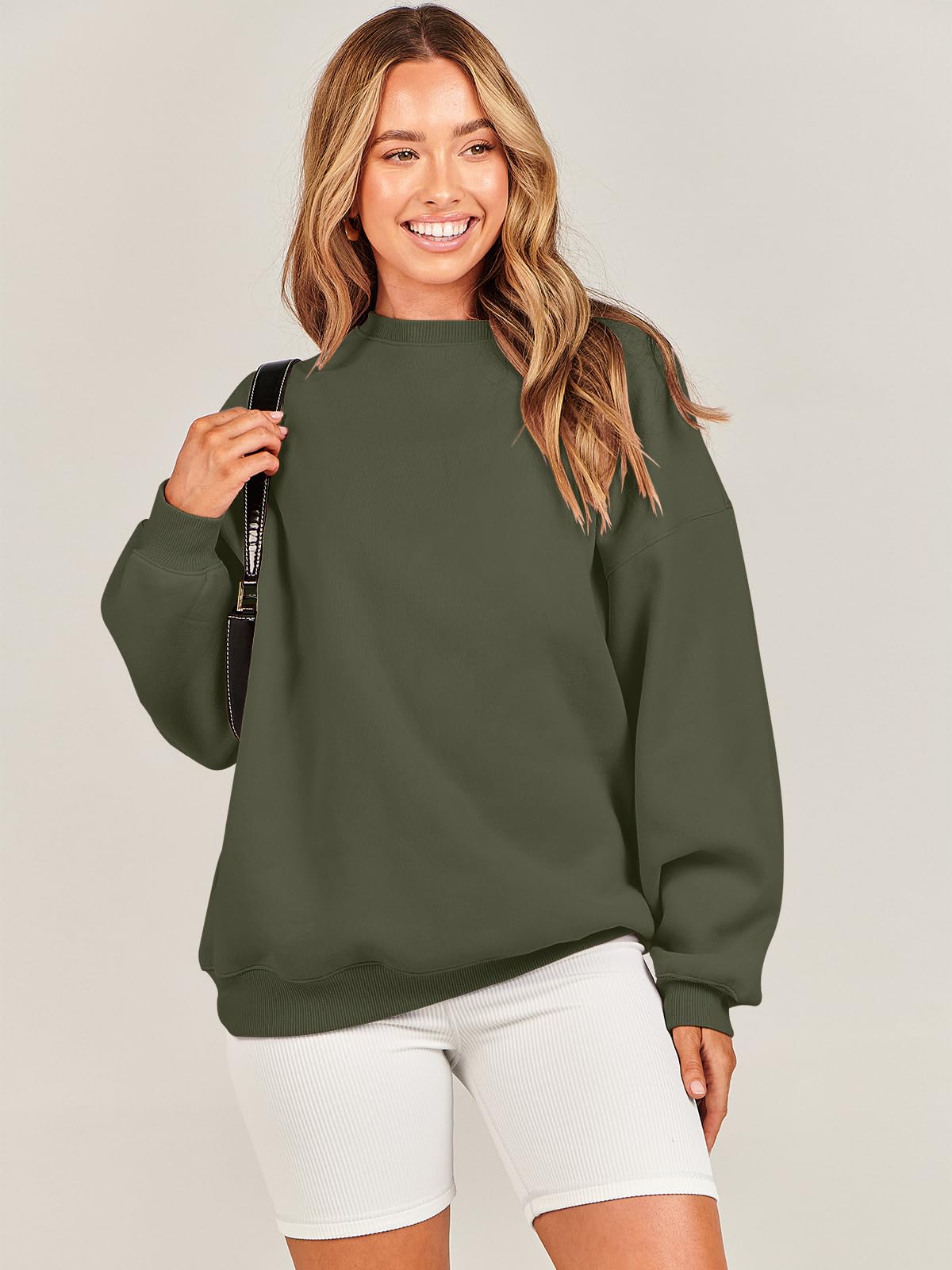 Damskie bluzy oversize bluzy z kapturem polar okrągły dekolt sweter top codzienne jesienne stroje preppy ubrania nastolatki 2024 A1019 światło, Jeden kolor, Army Green_XL