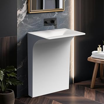 23.2" Luxury Modern Pedestal Sink, 33.2" Tall Glossy White Stone Resin Bathroom Sink, Modern Solid Surface Wall-Mount Basin with Drain Assembly, pedestal sinks for bathrooms