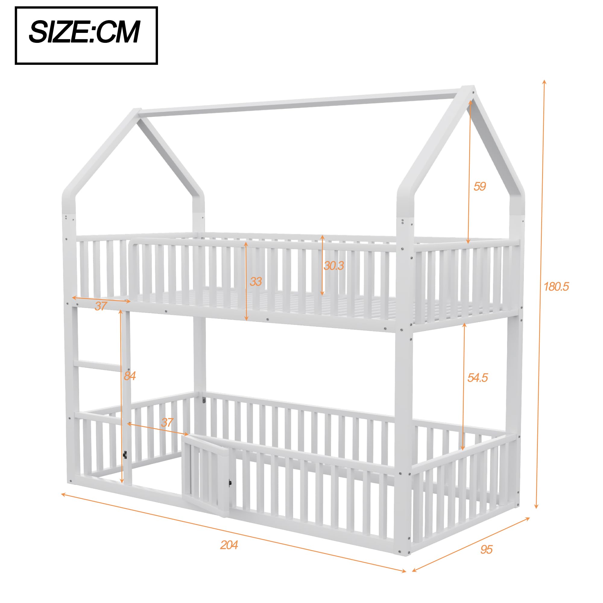 Letto a Castello per Bambini 90 * 200, Montessori letto per Ragazzi - 1 x Rete a doghe, Struttura in Metallo, Letto a forma di Casa per Bambini, Bianco(Senza Materasso)