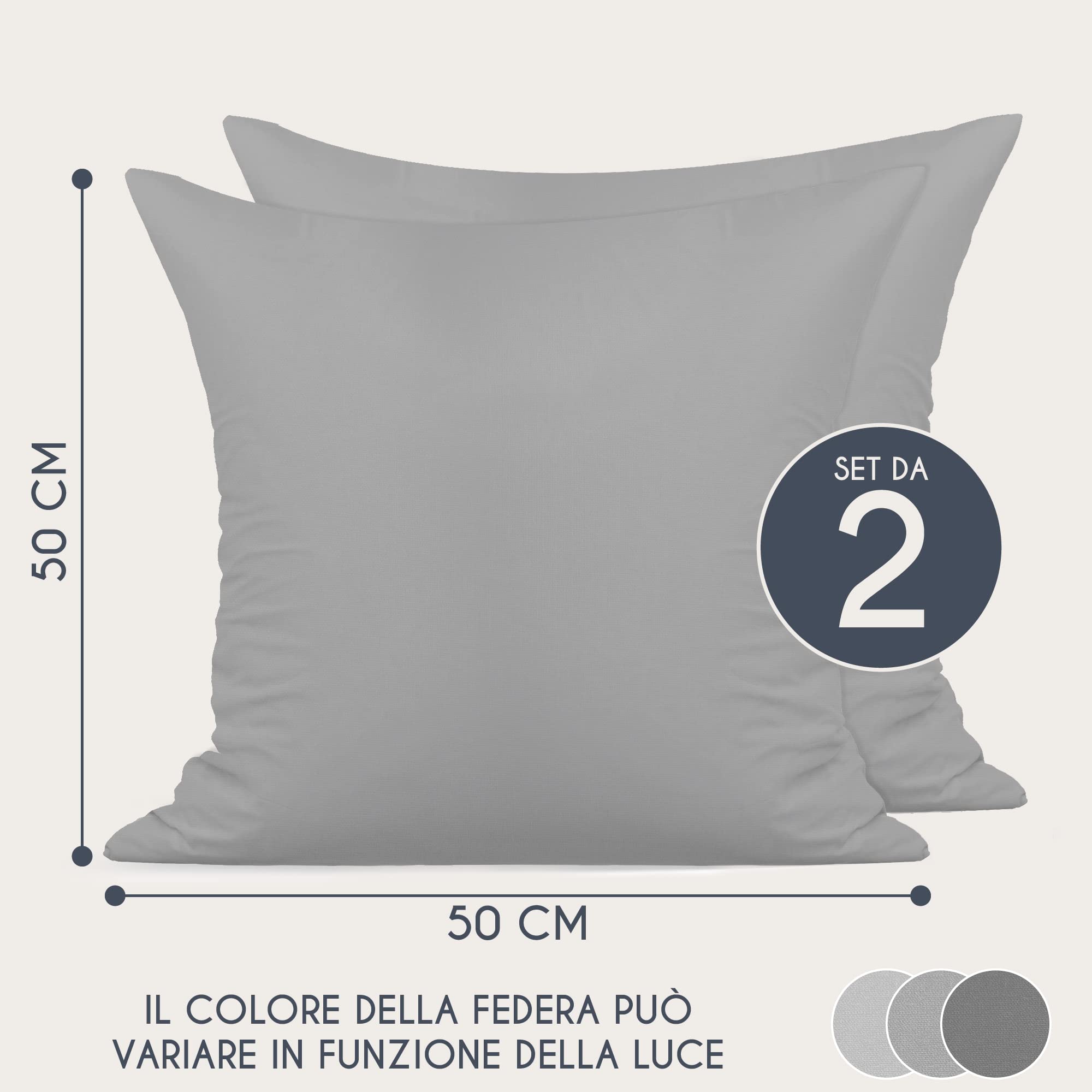 Federe 50x50 Cotone Rinforzato (Set da 2) - Grigio Chiaro - Trama Fitta a 57 Fili/cm² - Federe Cuscini 50x50 cm - Federe Cuscino 50x50 Certificate Oeko Tex - Dreamzie