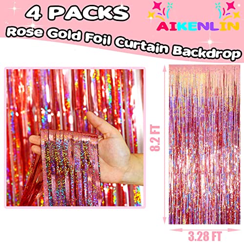 Image of 4 Pack 3.2Ft x 8.2Ft Rose Gold Foil Fringe Curtain Backdrop, Metallic Tinsel Foil Fringe Streamers Curtains Background for Photo Booth, Birthday, Wedding, Disco, Bachelorette, Christmas Party Decor