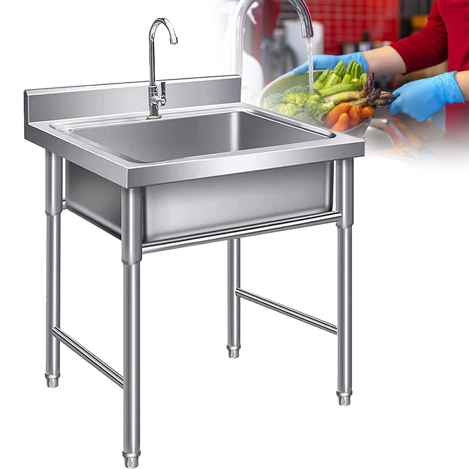 TAXXII Commercial Stainless Steel Restaurant Sink, Freestanding Outdoor Utility Sink Set with Drainer Unit and Tap, Kitchen Square for Bar