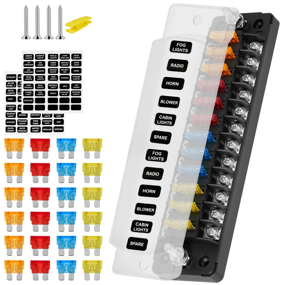 Flintronic Scatola Fusibili 12 Vie, Portafusibili Lama Atc/Ato, 24 Fusibili, Con Indicatore Led E Impermeabile Coperchio Di Protezione, Per Auto, Barca, Furgone, Suv, Moto- Rettangolo * Stile A