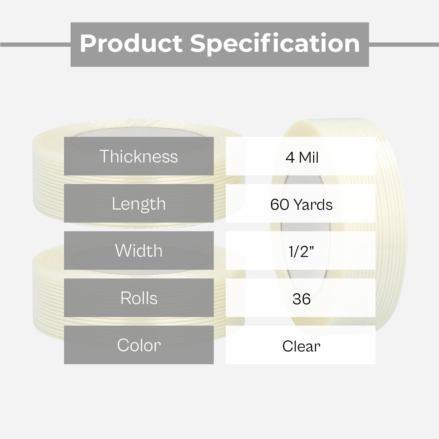 PSBM Filament Tape, Medium Grade, 0.5 Inch x 60 Yards, 36 Pack, 1/2 Inch Tensilized Fiberglass Strand Tape for Bundling Palletizing Reinforcing
