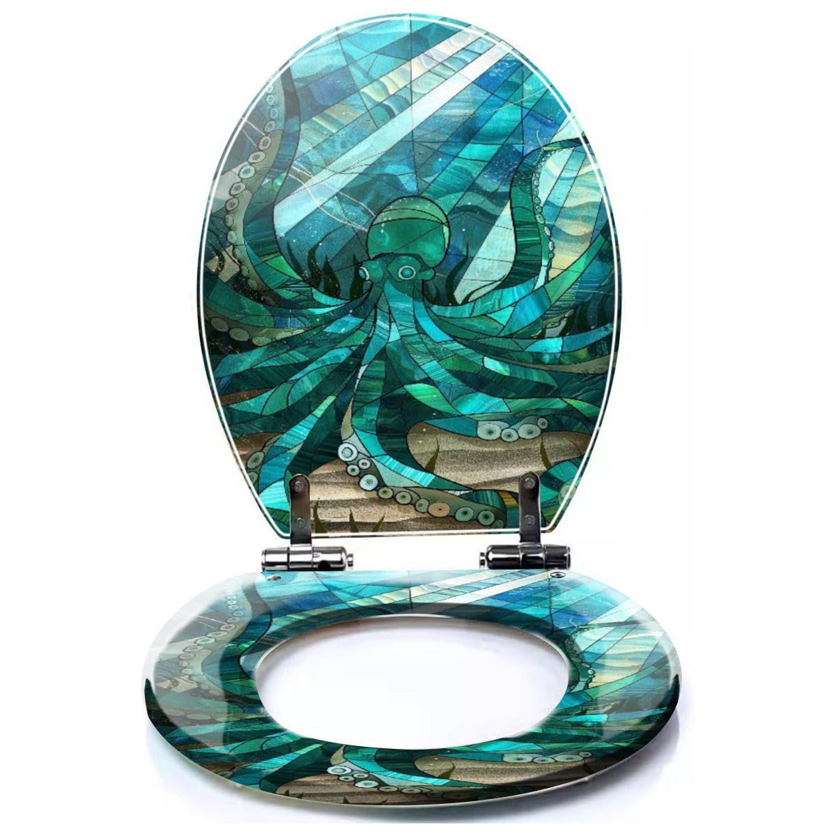 DERUINVAIO Colored Toilet Seat with Slow Close, Teal Octopus Garden Stained Glass Illusion Art Resin Toilet Seats, Easy to Install, Easy to Clean Heavy Duty Deluxe Toilet Seat, pattern10