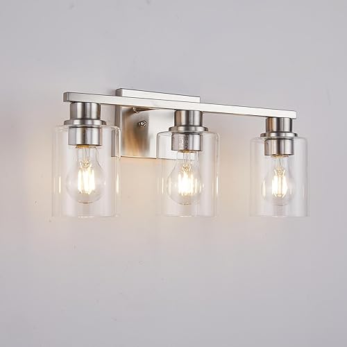 Miniatura 6 de Lámpara de tocador de baño de níquel cepillado, aplique de pared de 3 luces de 18 pulgadas con pantallas de vidrio transparente, iluminación moderna
