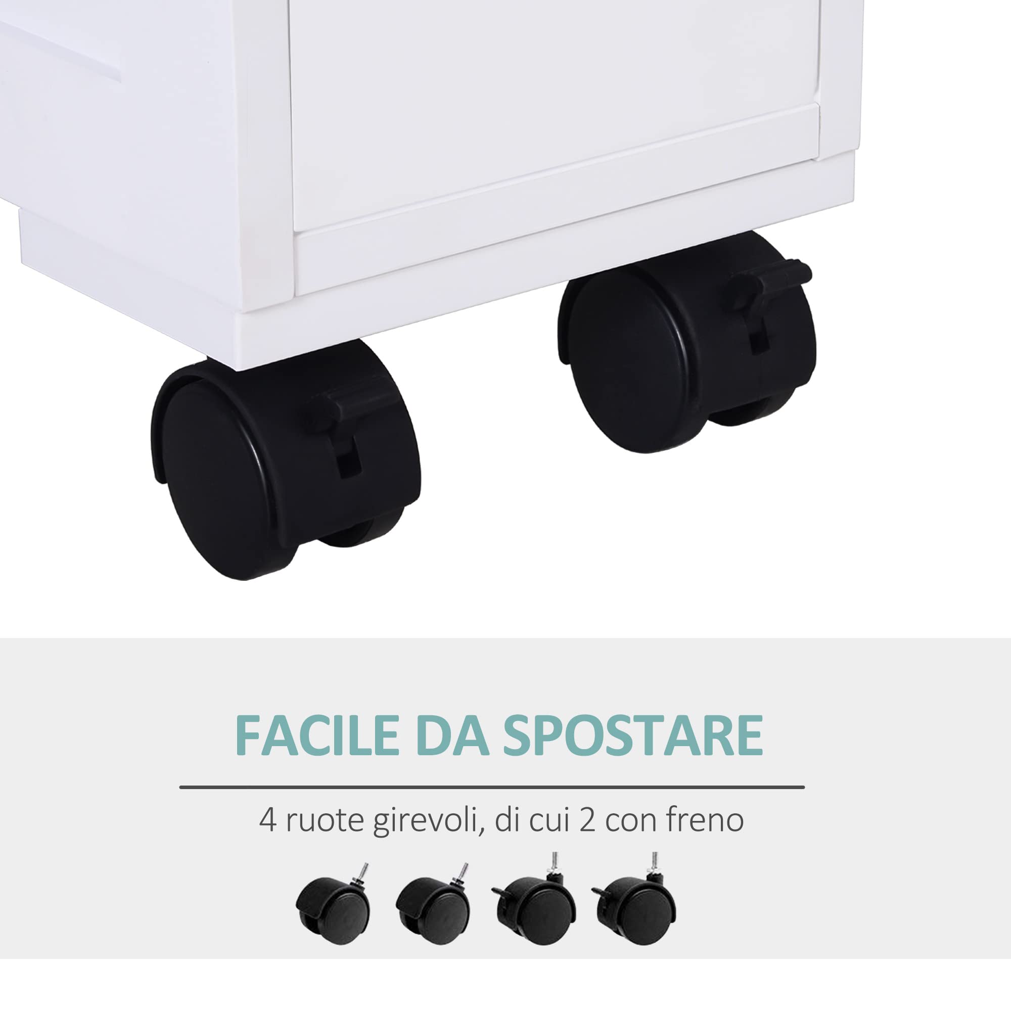 HOMCOM Mobile Bagno Stretto con 4 Ruote 2 Cassetti 16x52x71.5cm Bianco | Mobiletto Bagno Salvaspazio, Ripiano Aperto in Legno, per Lavanderia