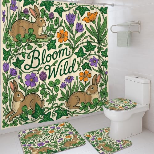 Rideau de douche polyester fleurs de nature avec tapis de bain lierre