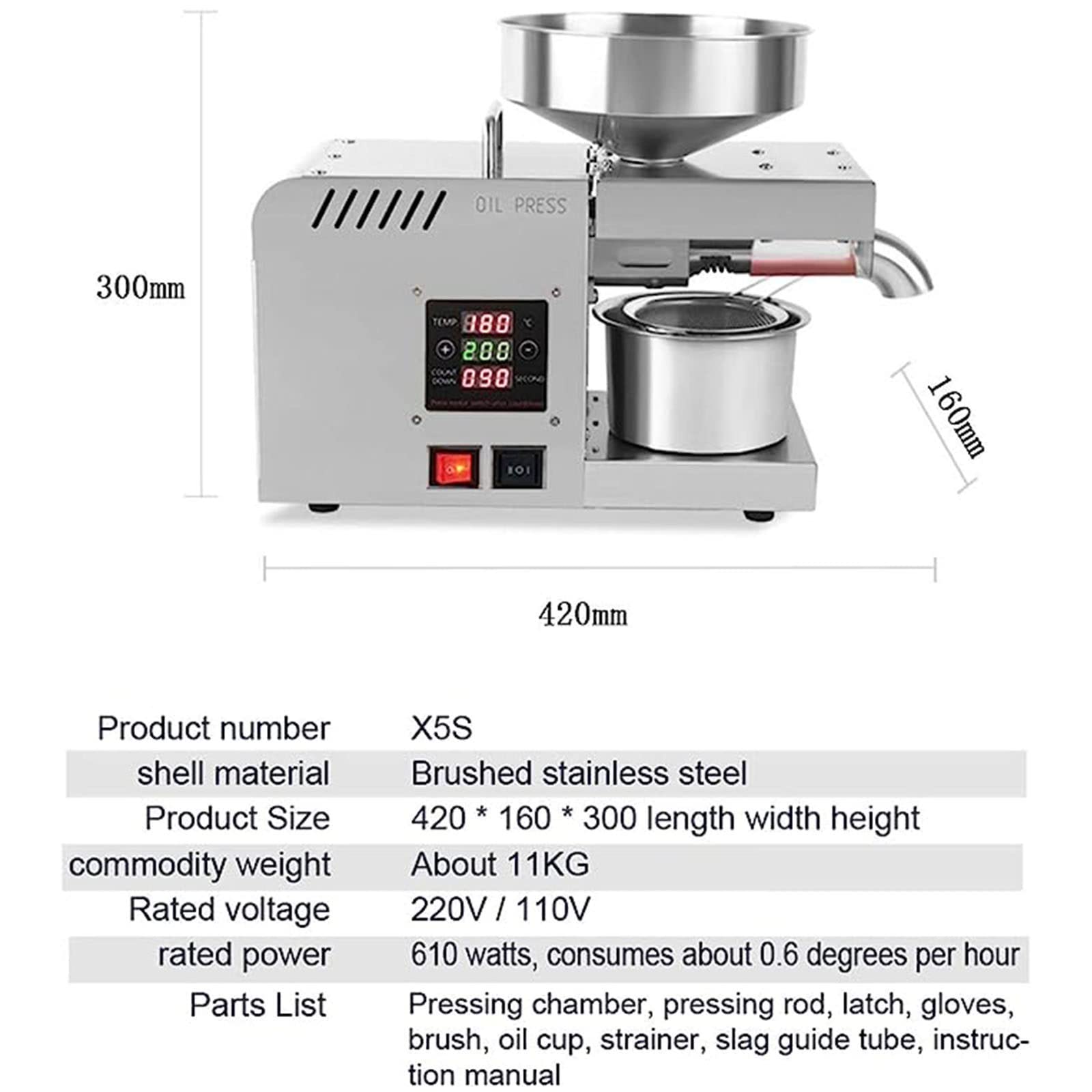 Prensa Aceite Automática 610W - Oliva, Hueso, Sésamo, Cacahuete - Máquina de Extracción Caliente y Fría - Tornillo Prensa Doméstica