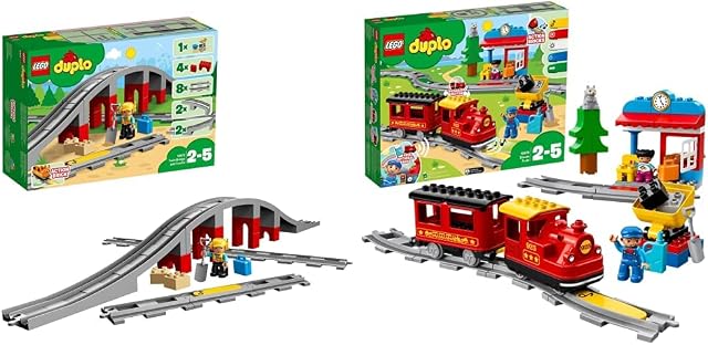 LEGO 10874 DUPLO Town Steam Train for Toddlers, Push & Go Battery Powered Toy for Kids Age 2-5 & 10872 DUPLO Town Train Bridge and Tracks Building Bricks Set  with Horn Sound Action Brick