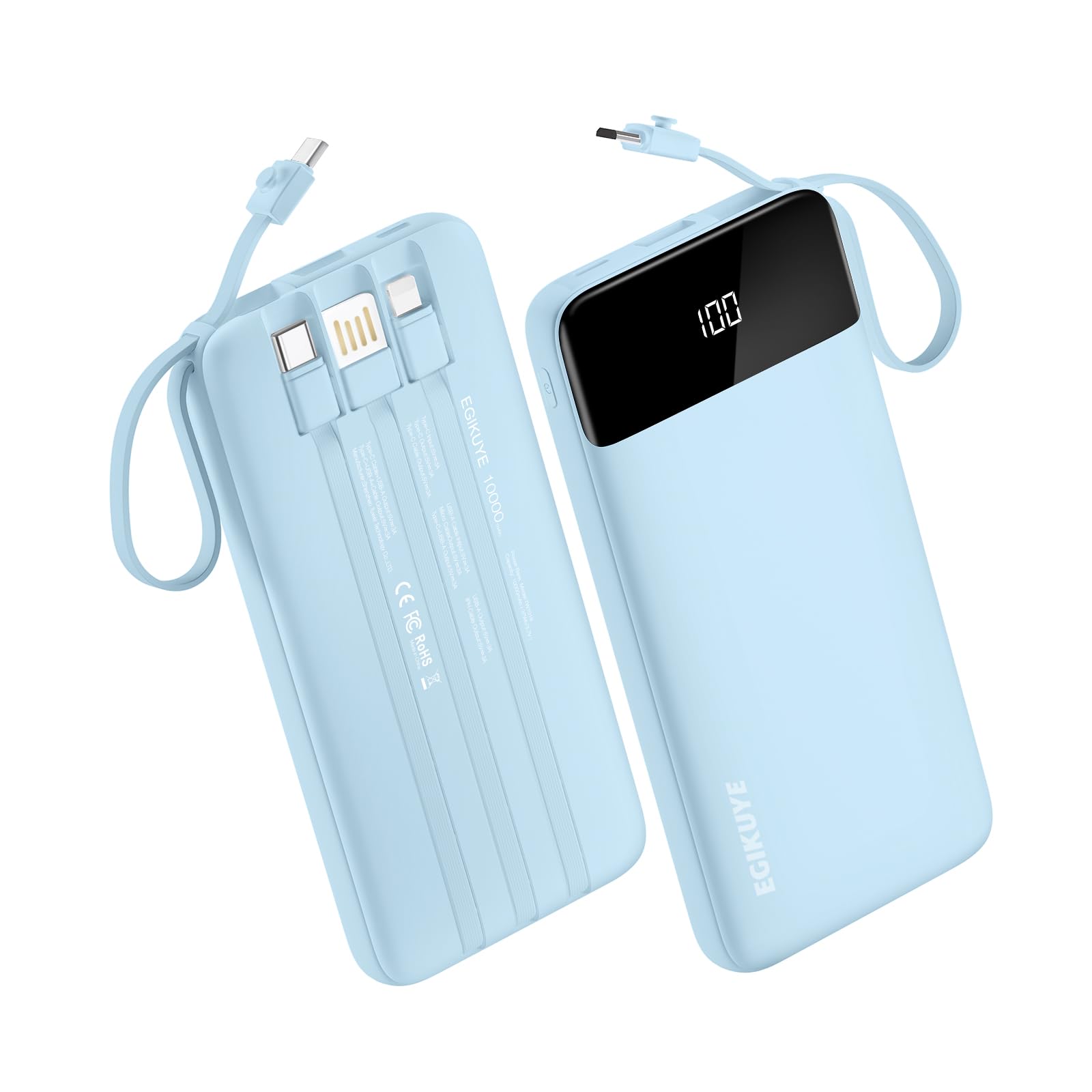 Power Bank 10000mAh Portable Charger with 4 Built-in Cables Type-C in Out Phone Charger External Battery Charger Pack