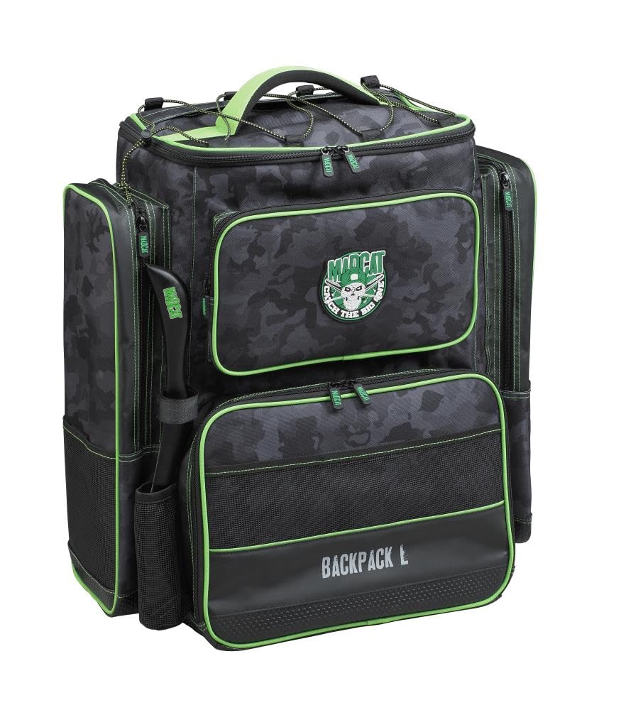 Madcat Angelrucksack L, 45L Hauptfach, Camouflage-Design, Wasserdichter Boden, Schwarz-Grün, Rucksack mit 2 Boxen, Angeltasche, Wallerangeln