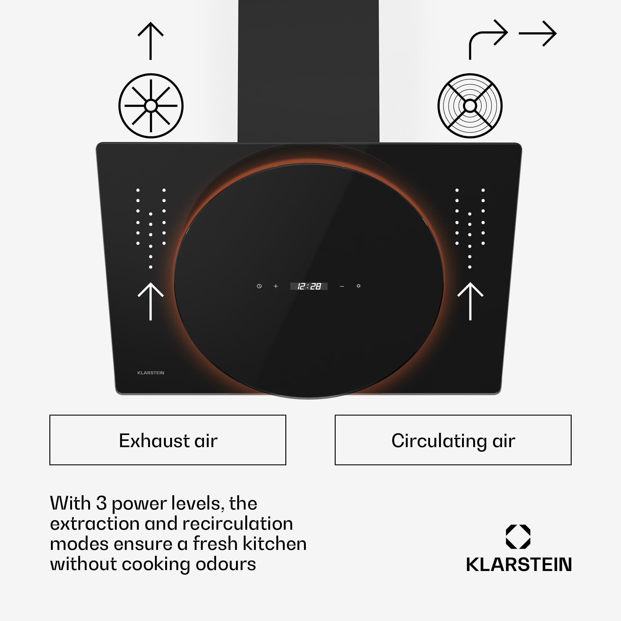Klarstein Total Eclipse Okap kuchenny - Okap skośny 60 cm, Oświetlenie LED 3000 K-6500 K, 600 m³/h, Sterowanie dotykowe, Klasa energetyczna A, 61 dB, Recyrkulacja i wyciąg, Czarny