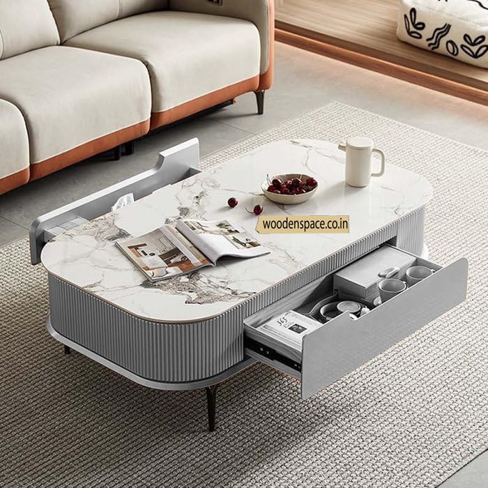 Image of WOODEN SPACE Premium Solo Marble-Top Wooden Center Table for Living Room | Iron Legs | PVD Coating | Modern Entryway Furniture | Coffee Table - 42X24X18 in (Gray)