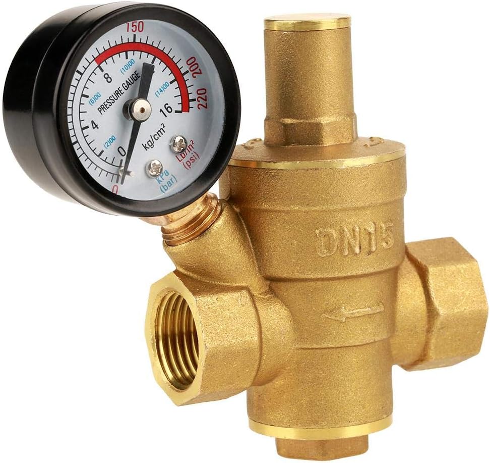RV Water Pressure Regulator, 3/4 Inch Brass -Free Adjustable Water Pressure Reducer Valve with Inlet Screen Filter, for RV Travel Trailer Home Garden