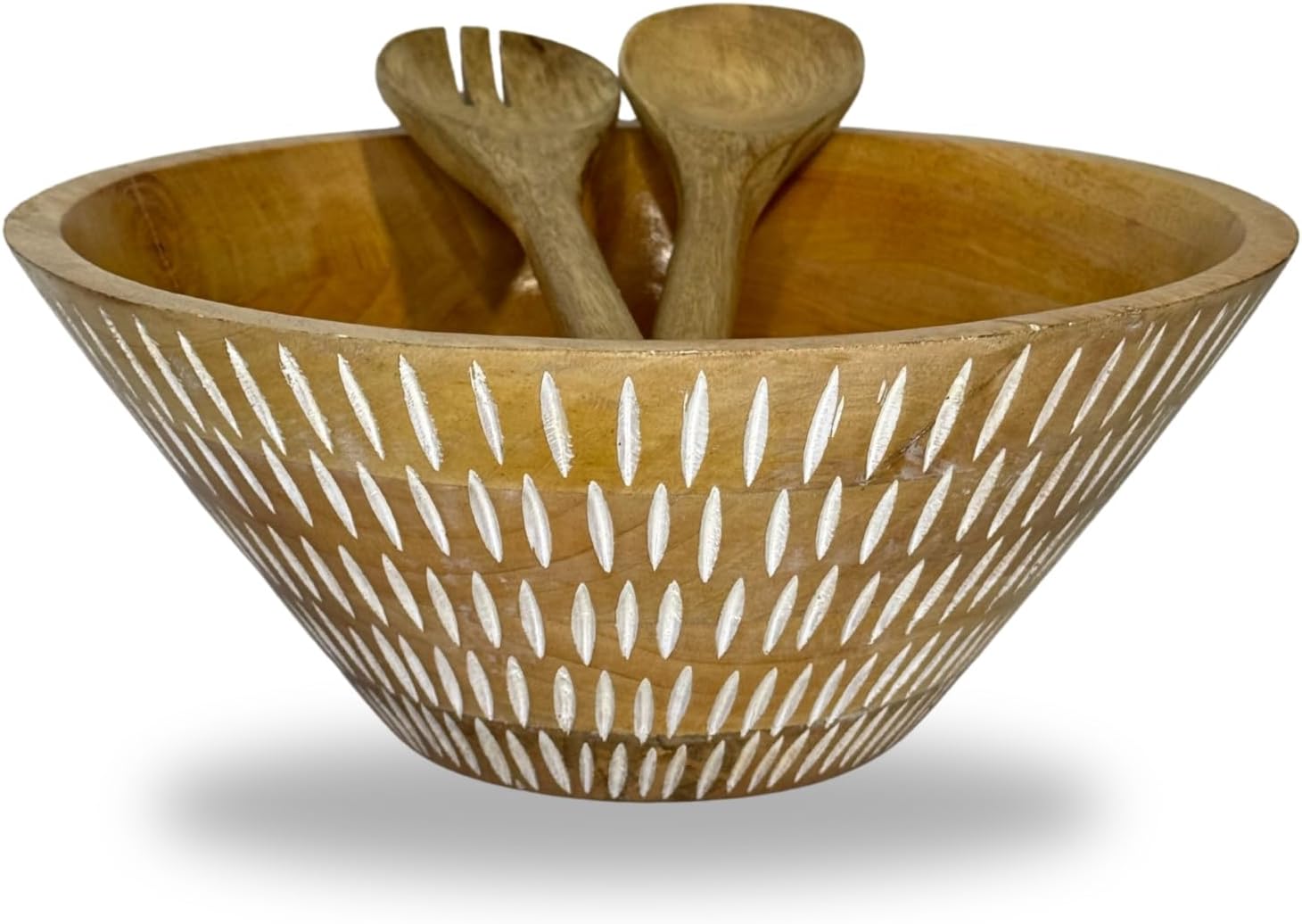 Perilla Home Wooden salad bowl Wood Serving Bowl for Fruits or Salads Handmade and durable with a stylish Design| 12 inch x 5 inch | Handmade White Stripe Salad Bowl