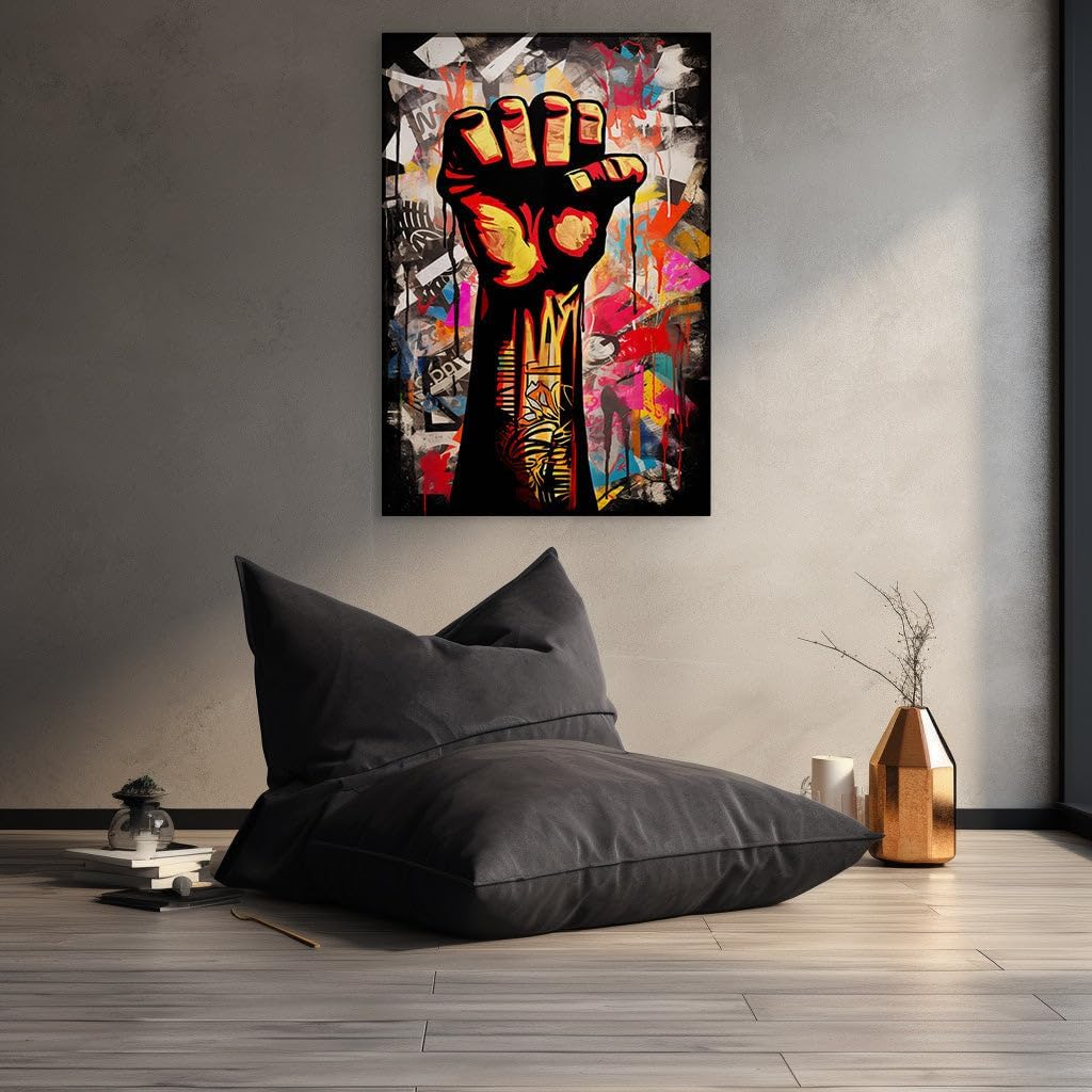 Canvas for Living room. Raising Resilience: A Vivid Display of Abstract Artistry and Rebel Symbols, 27 x 18 inch Canvas Wall Art - Contemporary Masterpieces - Modern Home Decor - 69x46 cm (27x18 inch)