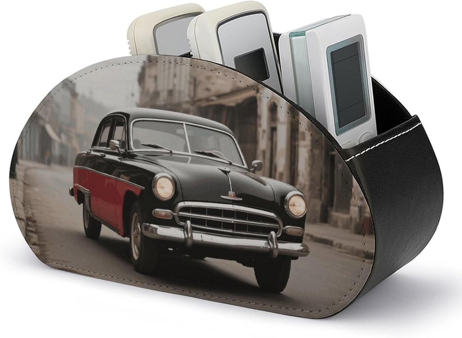 PU Leather Vintage Car Remote Control Holder Caddy with 5 Compartments Nightstand TV Remote Caddy Small Desktop Organizer Storage for Remotes Makeup Office Supplies