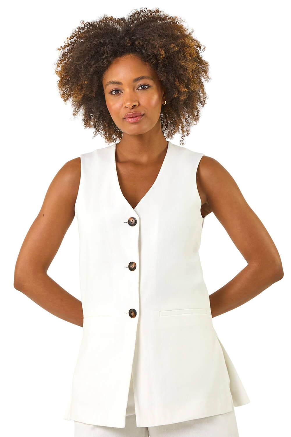 Roman Originals Longline Button Waistcoat Jacket for Women UK - Ladies Everyday Holiday Spring Summer V-Neckline Comfy Soft Evening Vacation Work Party - Ivory - Size 10