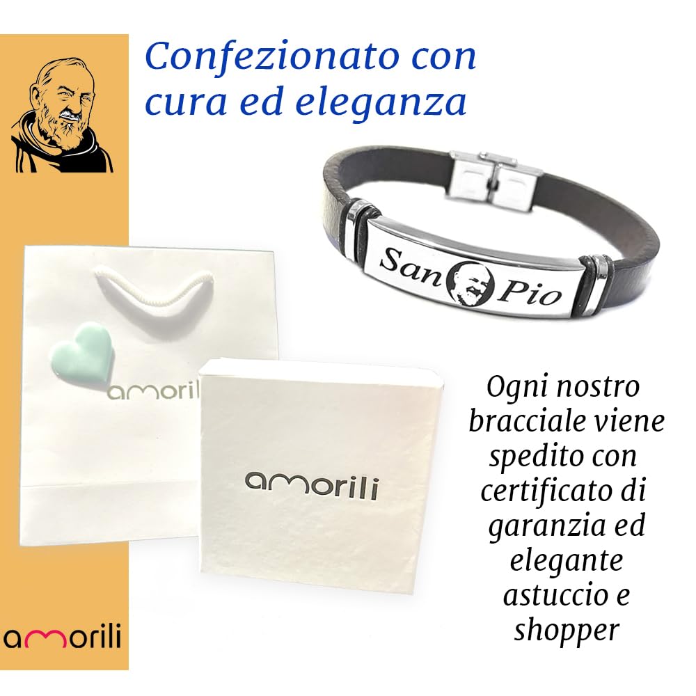 Bracciale San Padre Pio in Pelle e Acciaio Inox | Gioiello Religioso di Fede e Protezione | Braccialetto Uomo Donna Elegante e Resistente | Idea Regalo Spirituale bcc0323