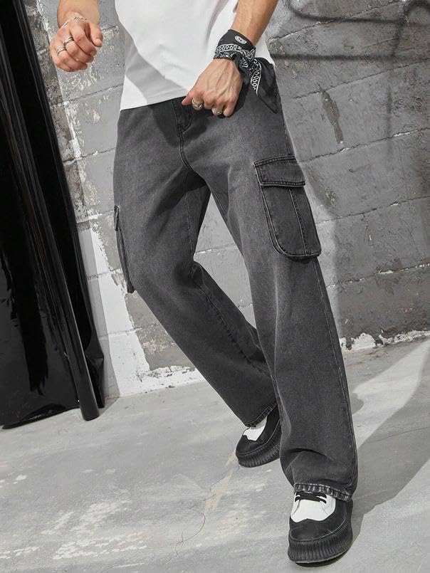 Image of KOTTY Men's Loose Fit Cargo Denim Jeans - Vintage Washed Utility Jeans with Side Pockets