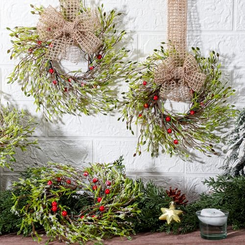 Zeyune 6 Set Small Christmas Wreaths 9'' Christmas Kitchen Cabinet Wreaths Garland with Burlap Ribbon Mini Artificial Green Farmhouse for Front Door Wall Windows Kitchen Decor (Bamboo Grass)