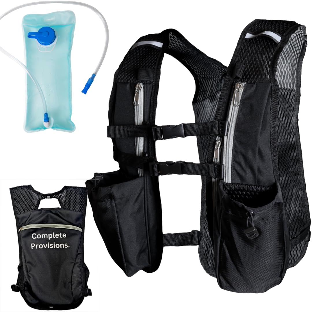 5L Running Hydration Vest & 2L Water Bladder for Women & Men | Lightweight & Adjustable Fit | Reflective Strips, Phone, Accessories & Water Bottle Holders | Zip Pockets | Water Proof | Black Bag