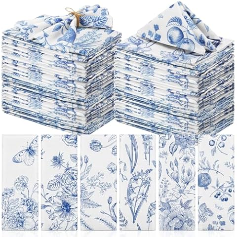 VitalCozy 48 Pcs Blue White Cotton Napkins Cover