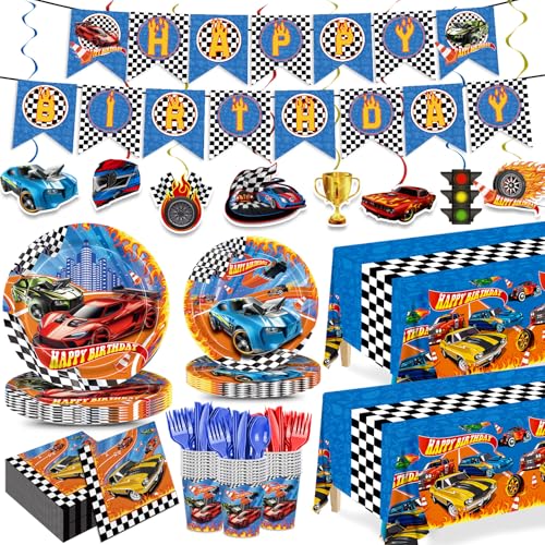 179pcs Racing Car Plates Napkins Birthday Party Decorations Disposable Tableware Set Paper Cups Banner Tablecloth Hanging Swirls Race Car Party Supplies for Kids Boys Birthday Decor 24 Guests