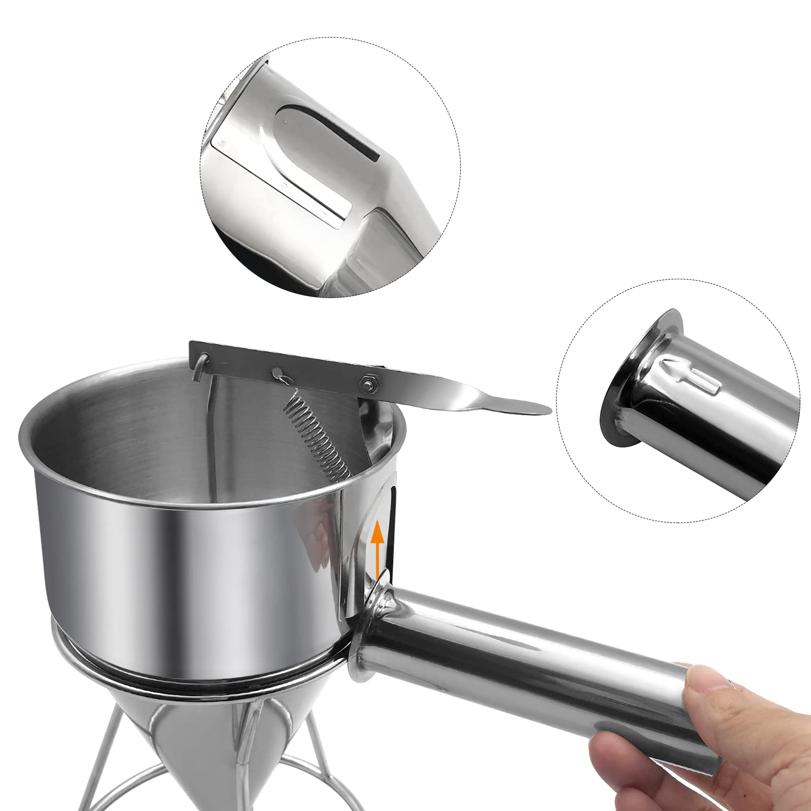 Dispensador de masa para panqueques de 40 onzas, dispensador de pastel de embudo de acero inoxidable con soporte, herramienta de horneado resistente para cupcakes, gofres, pasteles, calibre: 4