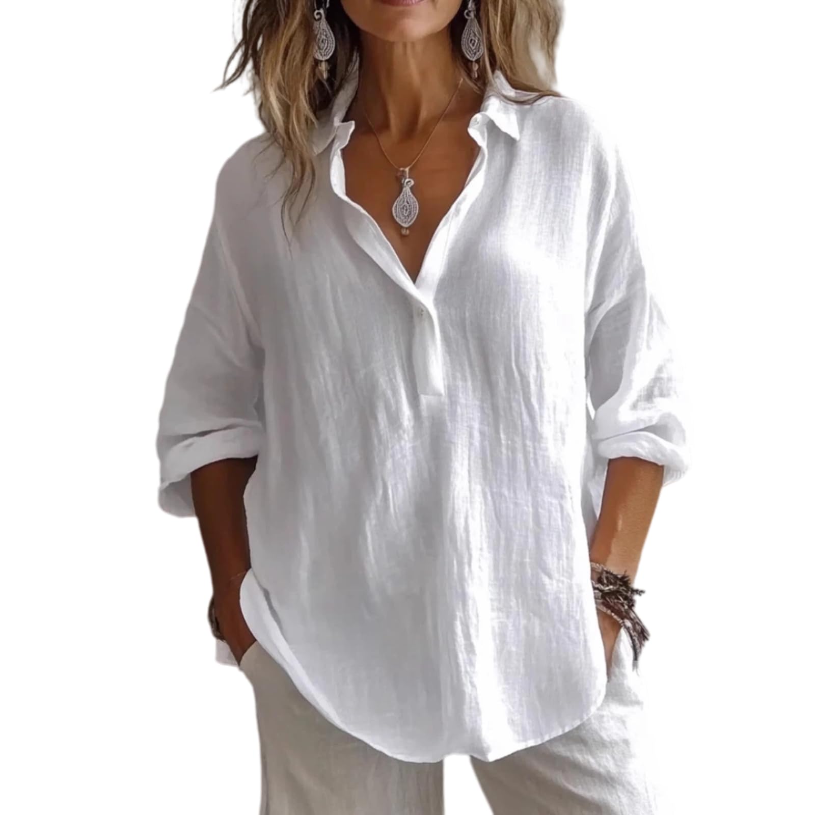 Camicia in Lino a V, Top Ampio Maniche 3/4(Bianco,as6,Alpha,x_l,Regular,Regular)