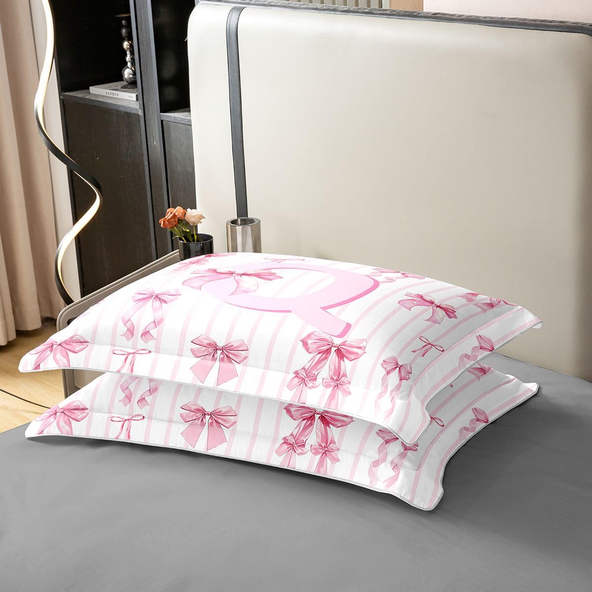 Homewish Różowa marzycielska kokarda podwójna pościel inicjał litera monogram bawełna poszewka na kołdrę zestaw uroczy kawaii kokarda poszewka na kołdrę romantyczna dziewczęca zestawy łóżek