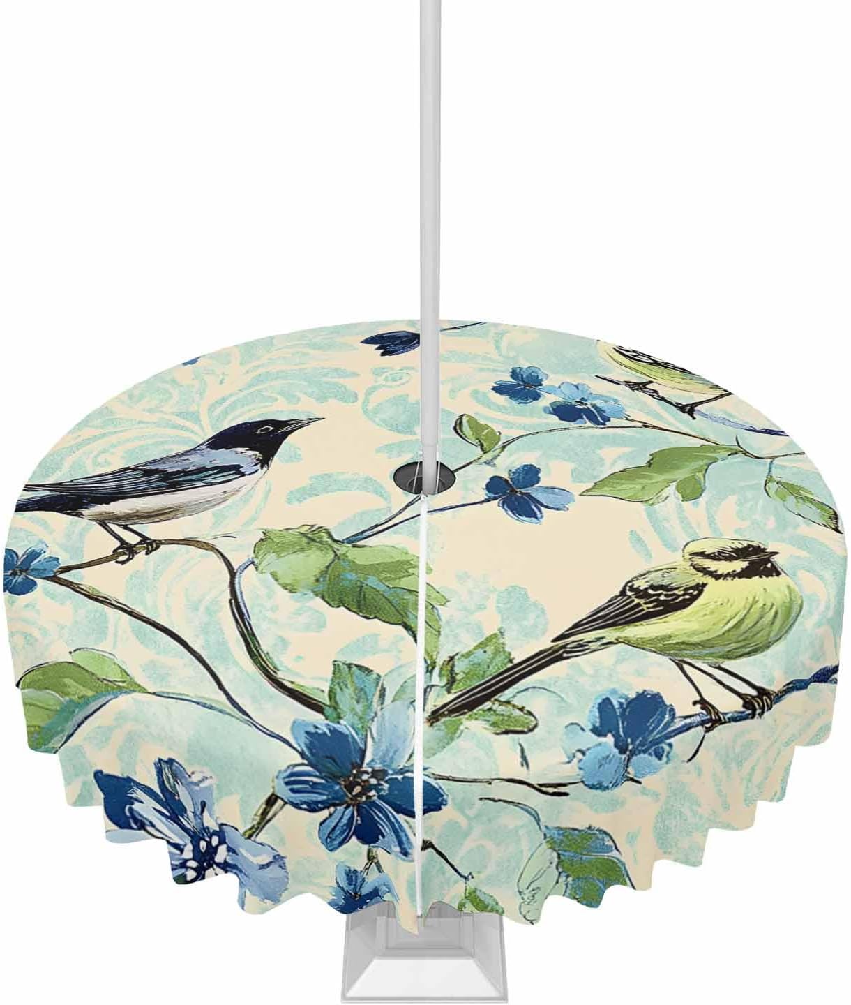 Retro Outdoor Tablecloth 54" R Table Cover with Umbrella Hole and Zipper Waterproof Vintage Blue Green Bird and Flowers Classic Lace Table Cloths for BBQs/Party/Picnic