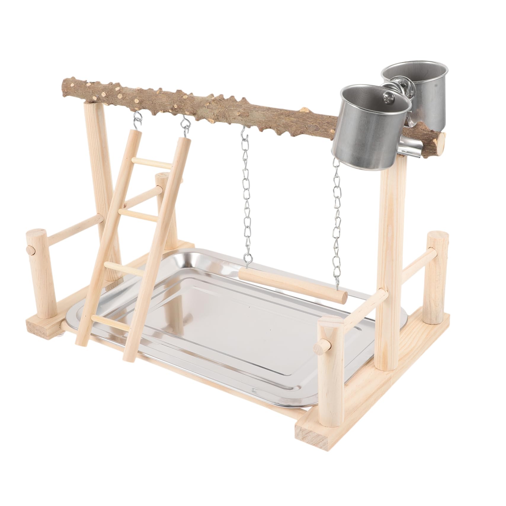 Beavorty Soporte de Madera para Loros Columpio, Taza Doble de Comida y Escalera, Plataforma de Percha para Aves Que Mejora Coordinación y Equilibrio