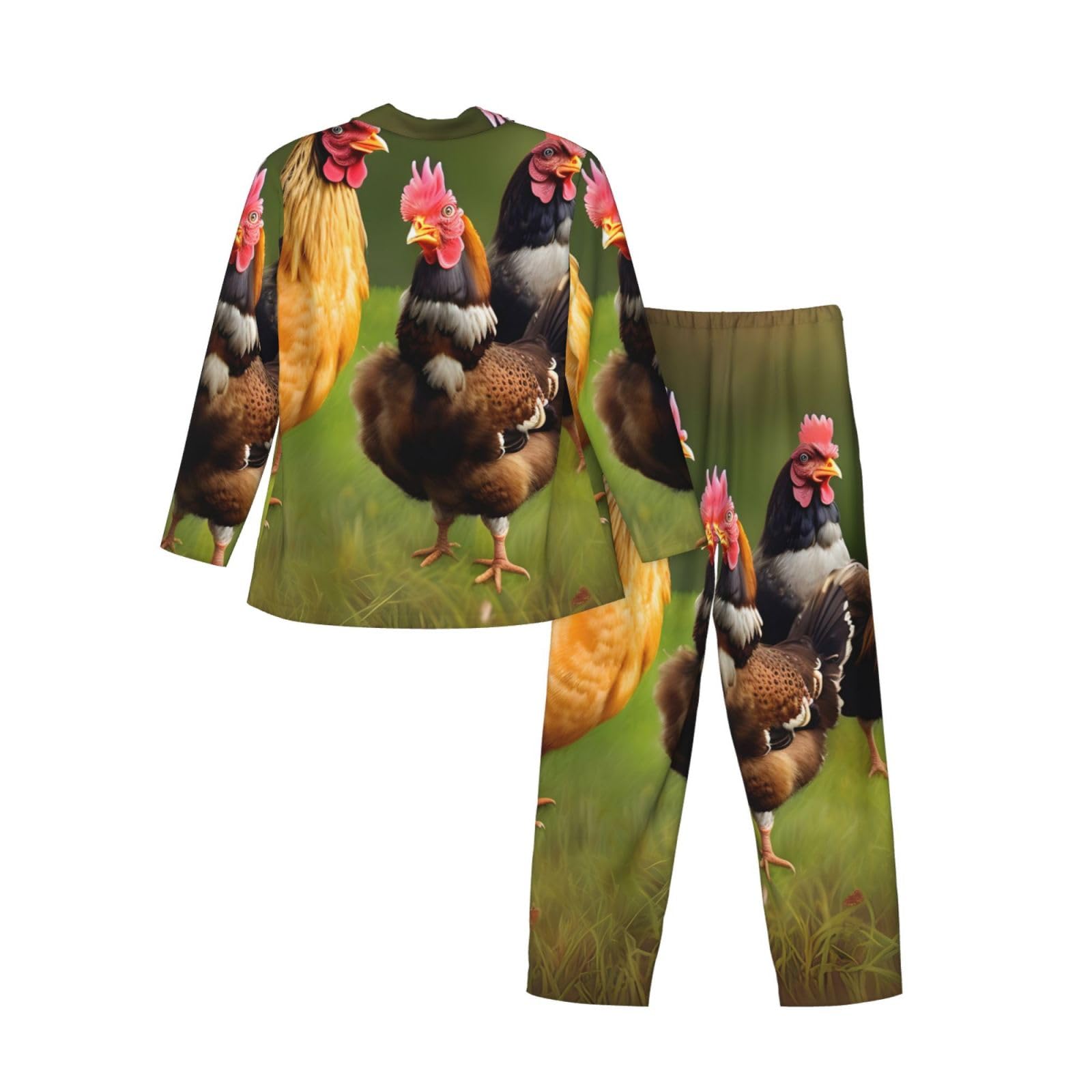 Herren-Pyjama-Set, langärmelig, Hahnmuster, zweiteilig, Hauskleidung, bequeme Nachtwäsche