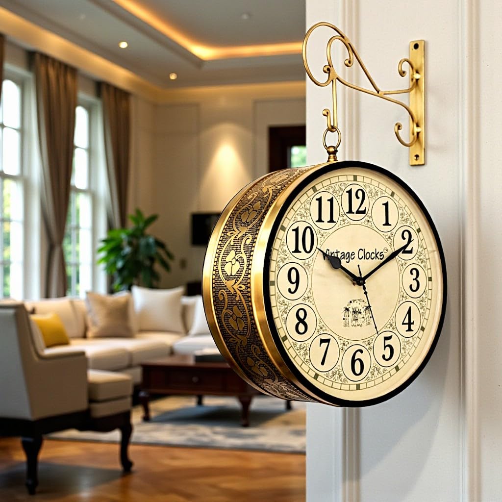Vintage Clock Double Side (Railway Style) Analog Clock With Brass Finish & 1 Year Warranty (6 Inches 15X15 Cm's Size)