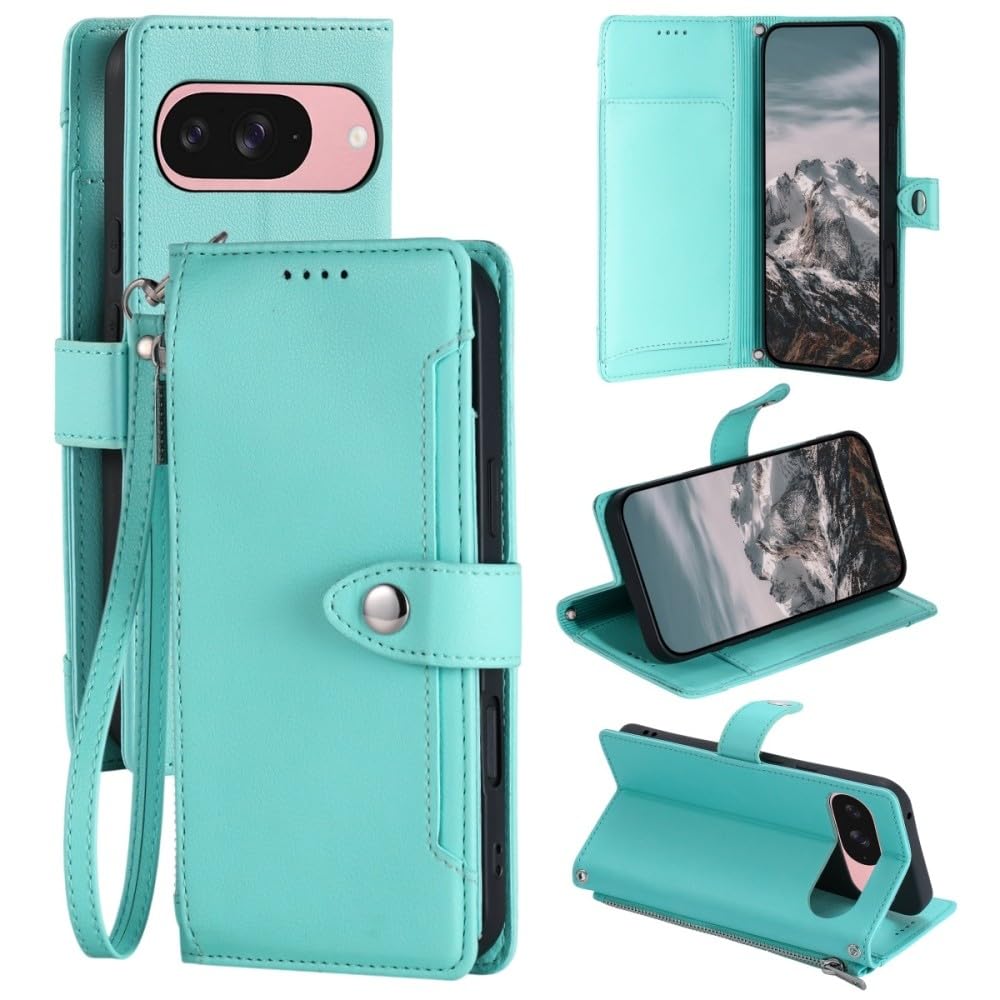 Étui Google Pixel 9 Pro XL vert menthe en cuir avec fermeture éclair - 8